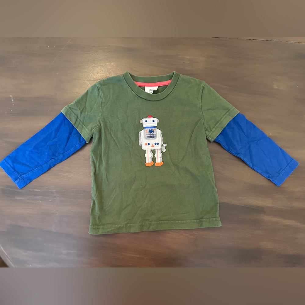 Mini Boden Green and Blue Robot Long Sleeve Tee Sz 2-3y